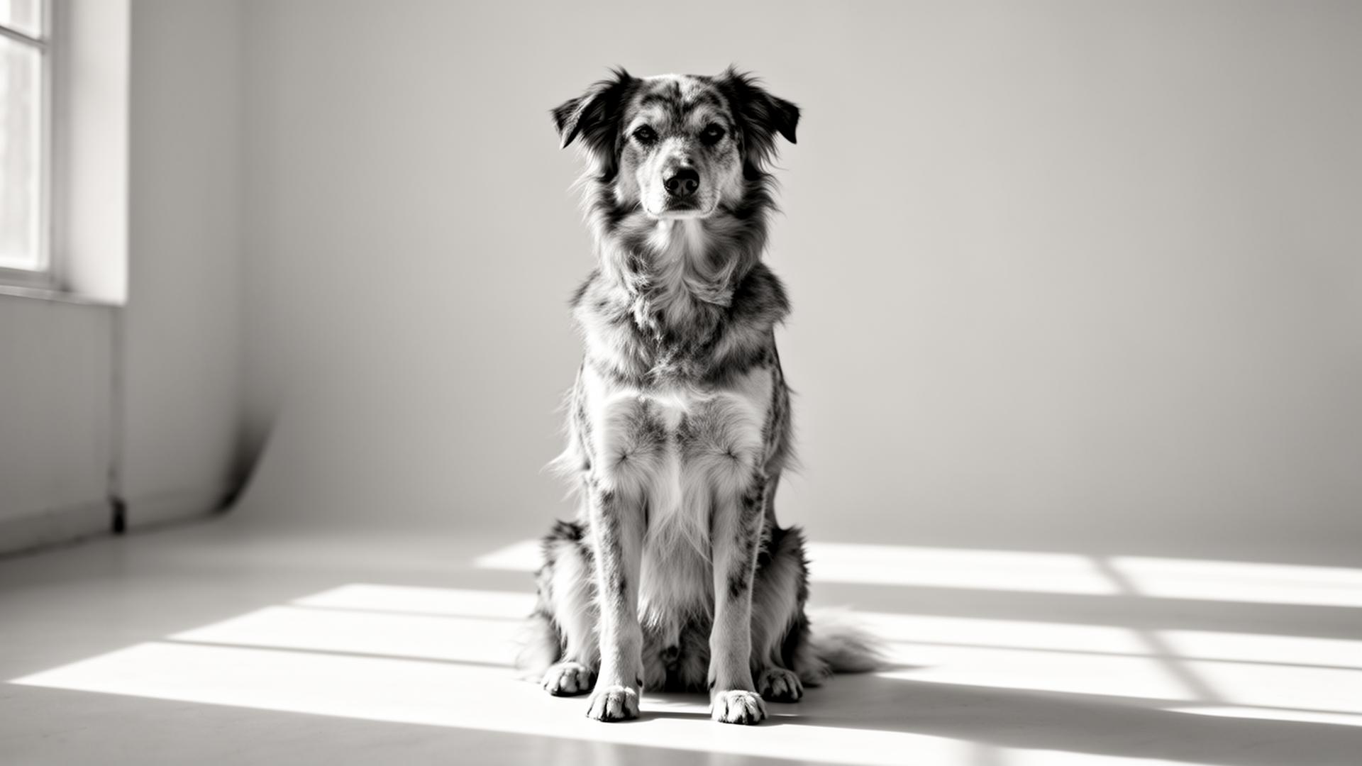 A calm, well-groomed dog in a bright studio